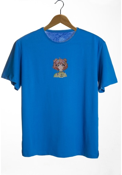 Kadın Mavi Bisiklet Yaka Önü Anime Kızı Baskılı Oversize T-shirt Mavi