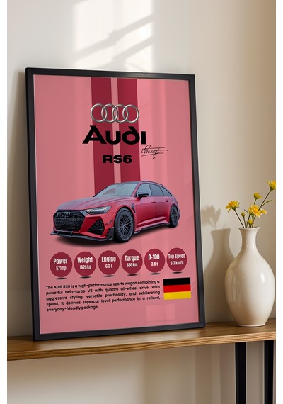 Audi Rs6 Premium Spor Araba Çerçeveli Tablo - Teknik Özellikli Otomobil Sever Duvar Dekoru Siyah