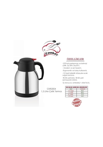 Cooker 1.5 Litre Lt Paslanmaz Inox Çelik Çay Termosu Ckr2004