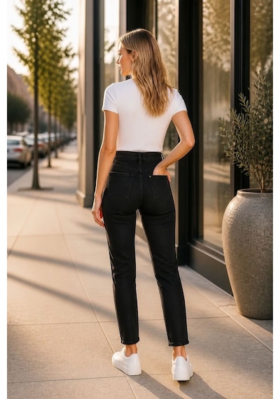 Woddi Btl Kadın Siyah Mom Likralı Jean Kot Pantolon New-4
