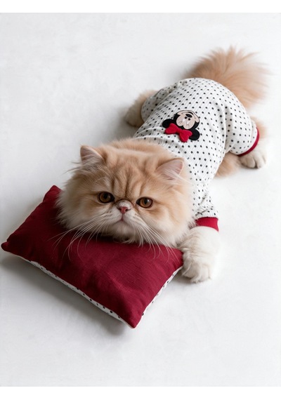 Polka Dot Rouge Minny Kedi Uyku Seti Siyah Beyaz Puantiyeli Penye Kedi Tulumu Ve Mini Yastık 2 Parça