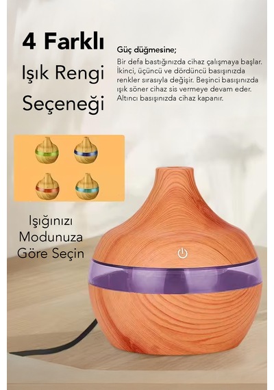 Damla Hava Nemlendirici - 300 Ml Işıklı Buhar Makinesi Humidifier Aroma Difüzörü Açık Kahve