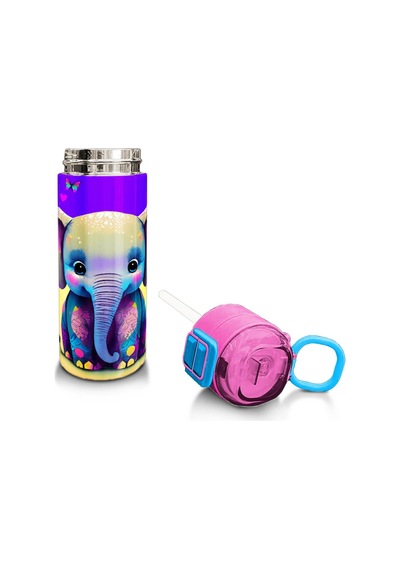 Coral High Kids Pembe Turkuaz Fil Desenli Pipetli Ve Direkt İçim Çelik Termos 500 Ml 31814 Turkuaz
