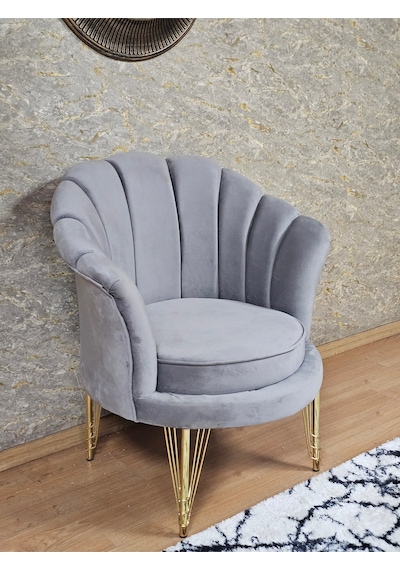 Zafir Tekli İstiridye Gold Kaplama Telli Ayak Çay Seti Koltuk Tekli Berjer , Balkon, Salon, Ofis Gri
