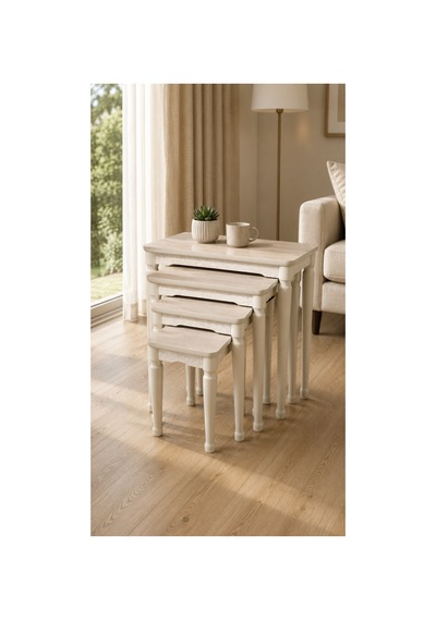 Lidya 4 Lü Zigon Sehpa Takımı Mdf Tabla, Lake Boyalı Gürgen Ayak, Beyaz