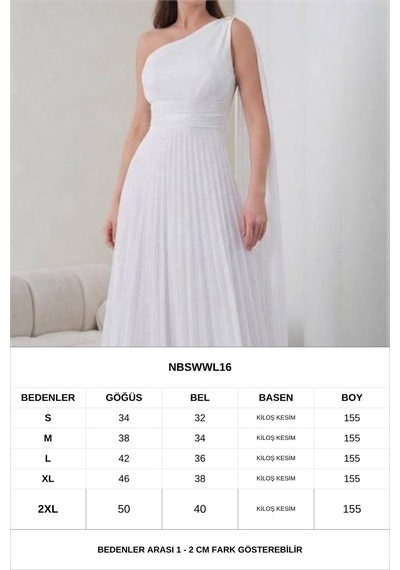 Neşeli Butik Kadın Beyaz Tek Omuz Pilise Detaylı Simli Tül Kumaş Abiye Elbise Nbswll16