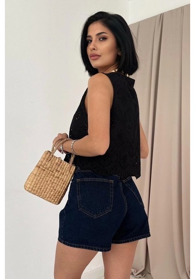 Defymoda Siyah Sıfır Kol Brode Bluz Siyah