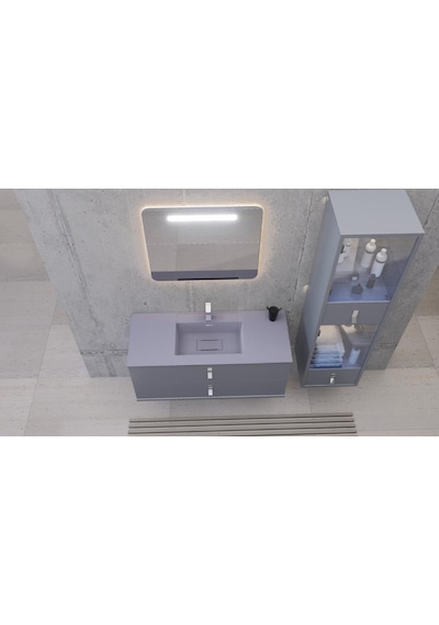 Real Stone Flatstone 60x50 Beyaz Etajerli Granit Banyo Lavabosu Beyaz