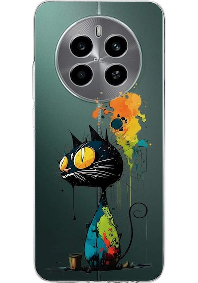 Realme 12 İle Uyumlu Splash Kedi Tasarımlı Şeffaf Silikon Kılıf Şeffaf