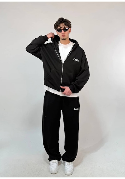Zaee İnce Kumaş Nakışlı Oversize Premium Zip Hoodie siyah