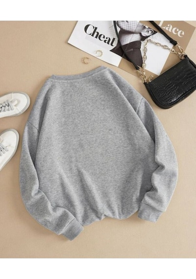 Tatlı Kedi Tasarım Sweatshirt - Gri Baskılı Oversize Kalın Kışlık Bisiklet Yaka Gri