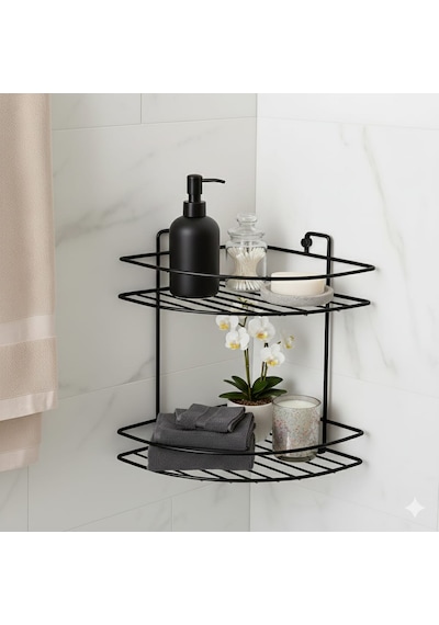 Yapışkanlı 2 Katlı Banyo Köşeliği Köşe Rafı Duş Şampuanlık Duvar Düzenleyici Organizer Raf Siyah