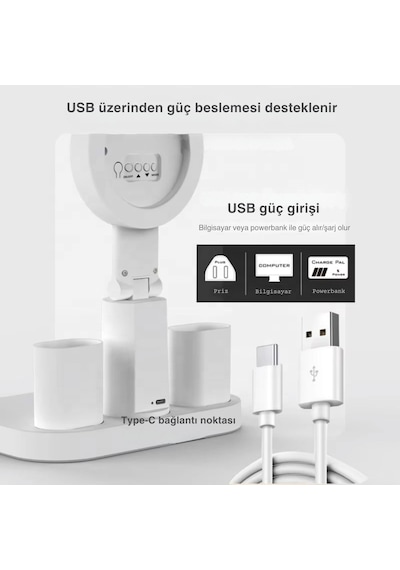 Shopytech Çift Başlıklı Led Masa Lambası Fanlı Dijital Saatli Rgb Ambiyans Dokunmatik Type-c Şarjlı Çok Renkli