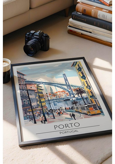 Portekiz Porto Temalı Çerçeveli Tablo Travel Serisi Modern İllüstrasyon Şehir Duvar Dekoru Siyah