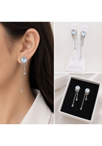 Cm Jewelry Zirkon Taşlı Yıldız Detaylı Sallantılı Gümüş Renk Çelik Küpe