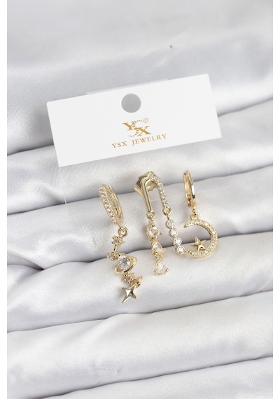 Pirinç Gold Renk Zirkon Taşlı Uzay Model Ysx Trio Küpe Seti Altın