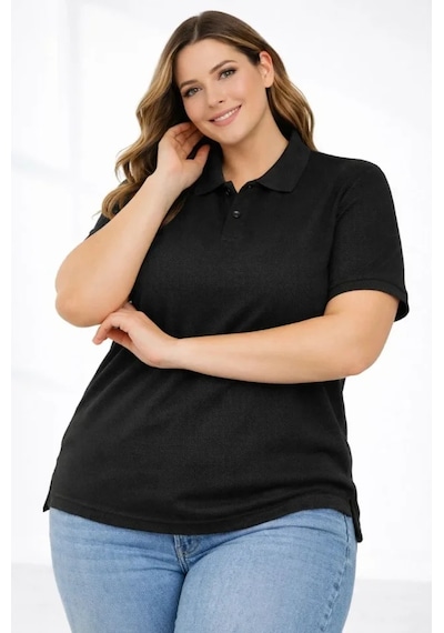 Buğrahayalin Pike Kumaş Düğmeli Yaka Battal Büyük Beden Günlük Kısa Kol Tişört T-shirt - Siyah Siyah