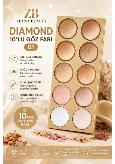 Diamond 10'lu Göz Farı Paleti 01 Işıltılı Ve Yoğun Pigmentli 10 Renk Krem - 703082840 Diğer