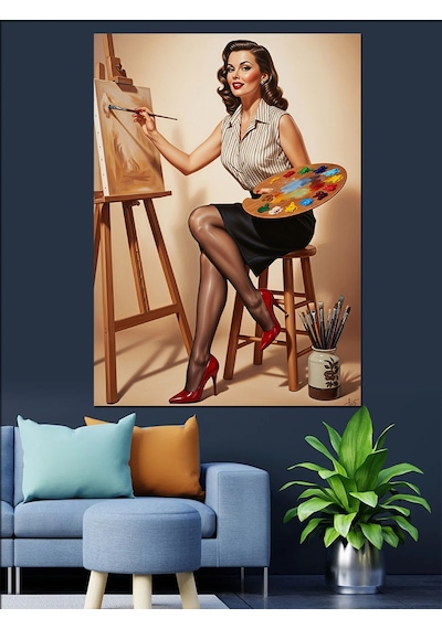 Ahşap Tablo Şövalede Resim Yapan Retro Ressam Kadın