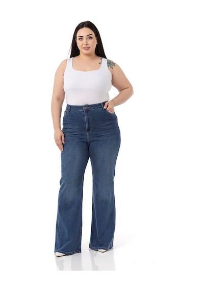 Disentis Büyük Beden Önü Kraşlı Yüksek Bel İspanyol Paça Mavi Denim Pantolon-mavi Mavi