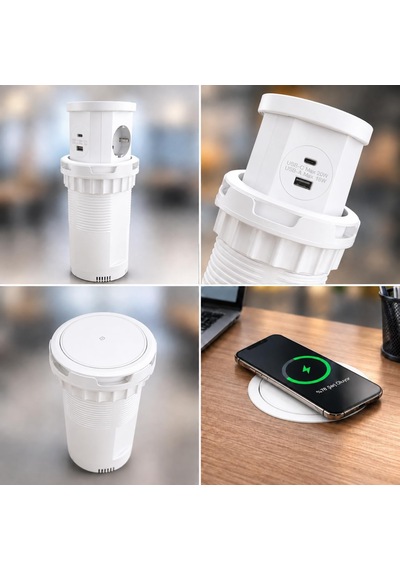 Beyaz Pop Up Gömme Masa Prizi Usb'li Ve Kablosuz Şarjlı Masaüstü Ofis Prizi Standart