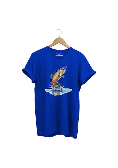 Zıpkınlanan Alabalık Tasarımlı Balıkçılık Temalı %100 Pamuk Unisex Regular Fit T-shirt Mavi
