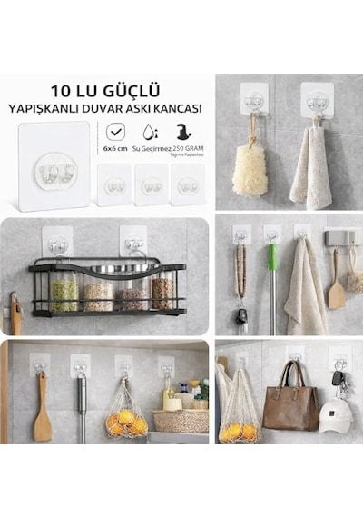 Tr Kendinden Yapışkanlı Askı 10'lu Set Güçlü Vakum Duvar Askısı, Su Geçirmez Banyo &amp Amp Mutfak Askıl Diğer