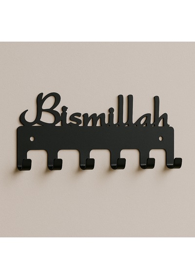Lunoart Bismillah Yazılı Metal Anahtarlık Askılığı Siyah 6 Askılı Modern Duvar Dekoru Siyah