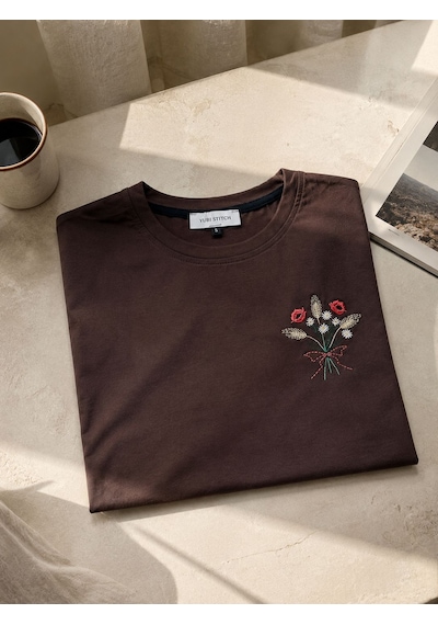 Yubistitch Tshirt Nakış İşlemeli Demet Çiçek- Penye-kahverengi