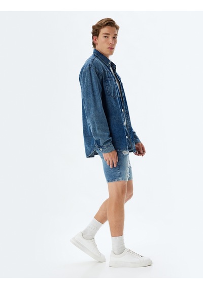 Koton Slim Fit Kot Şort Bermuda Cepli Yıpratma Detaylı Pamuklu Açık İndigo 4sam40056ıd Açık İndigo