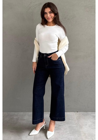 Lacivert Düz Kesim Geniş Paça Kadın Flared Jean Mg2630 Lacivert