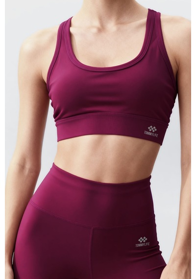 Tommylife Bordo Yüksek Bel Toparlayıcı Çapraz Sırt Detaylı Slim Fit Kadın Tayt Takım - 95283