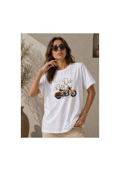 Butik İstanbul Motosiklet Baskılı Tişört Bisiklet Yaka Kısa Kol Yazlık T-shirt - Beyaz