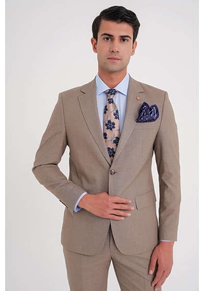 Efor Slim Fit Çift Yırtmaç Esnek Yün Vizon Takım Elbise Tk 918 Vizon