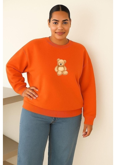 Benroma 3 İplik Penye Ayıcık Baskılı Büyük Beden Unisex Sweatshırt Turuncu