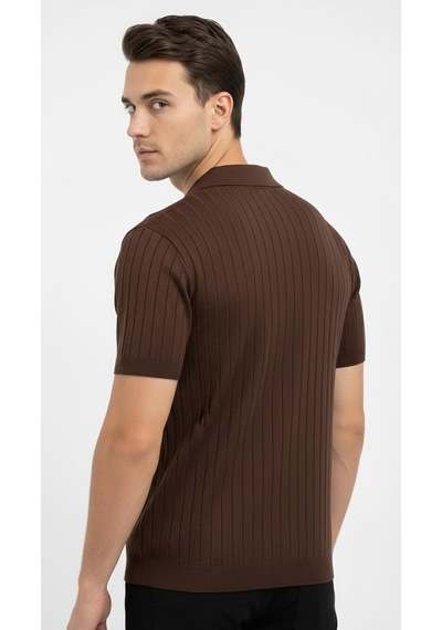 Erkek Polo Yaka Slim Fit Triko Tişört Dikey Çizgili Modern Yazlık Triko Kahverengi