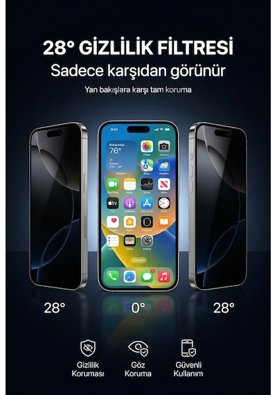 Horizon Privacy iPhone 17 Pro - Pro Max Uyumlu Ekran Koruyucu Otomatik Kurulum Kiti 28 Gizlilik Filtresi 9h Temperli Cam Anti-reflective & An - iPhone 17 Pro Max