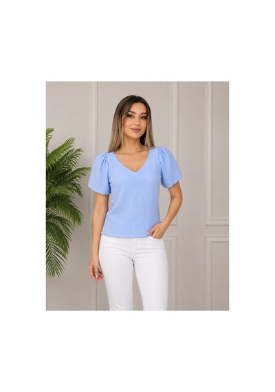 Gül&can Butik Kadın Mavi V Yaka Fitilli Dokulu Balon Kol Şık Günlük Triko Bluz Mavi