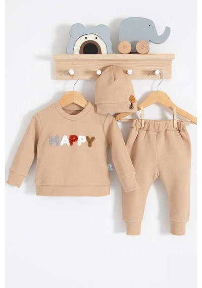 Babydonat Happy Nakışlı Pamuklu Erkek Bebek Takım 2'li - Kahverengi