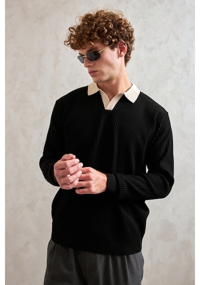 Erkek Polo Yaka Nopeli Oversize Triko Kazak Siyah