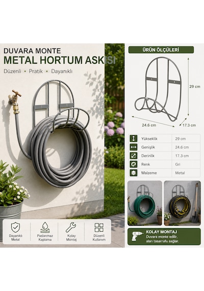 Duvara Monte Metal Hortum Askısı 25 Metre Kapasiteli Bahçe Hortumu Tutucu Ve Düzenleyici Gri 29 Cm 24.6 Cm 17.3 Cm