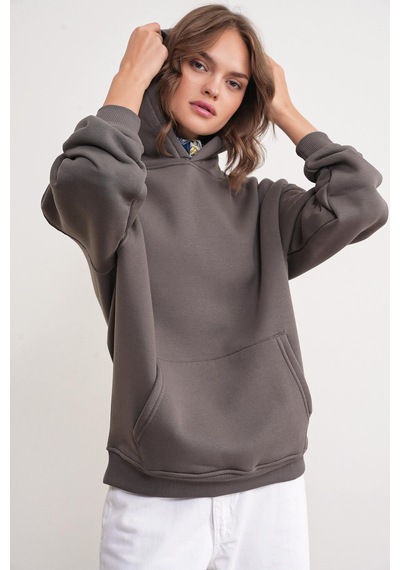 Mixray 2022 Unisex 3iplik Basic Polarlı Kapüşonlu Sweatshirt Hoodie Antrasit