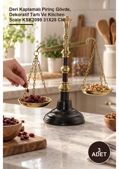 3 Adet Pirinç Derili Terazi Deri Kaplamalı Pirinç Gövde, Dekoratif Tartı Ve Kitchen Scale Ksk2099 31x28 Cm Diğer