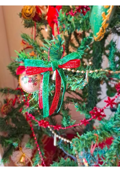 Paşateks Çift Renk 1 Cm Yeşil/kırmızı Simli Fiyonk Askılı Noel Ağaç Süsü