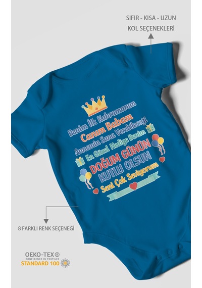 Morivokids Canım Babam Doğum Günün Kutlu Olsun Kısa Kollu Bebek Body %100 Pamuk Koyu Mavi