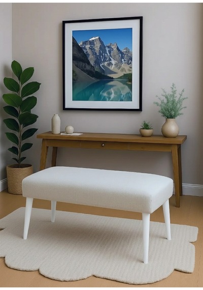 Waterybrook Bench Bank - Keten Kumaş - Beyaz Ahşap Ayaklı - 90x45 Cm - Modern Retro Tasarım - Oturma Pufu Krem