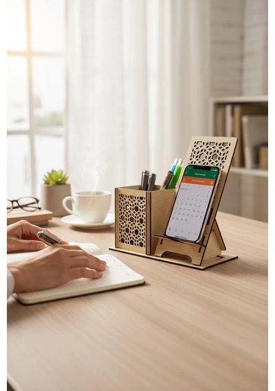 Kalemlik Ve Telefon Standı Geometrik Desenli Doğal Ahşap Açık Meşe Varsayılan