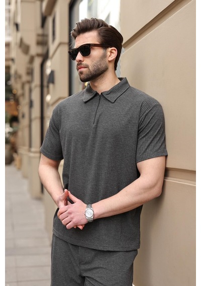 Antrasit Polo Yaka T-shirt Şort Takım E7363