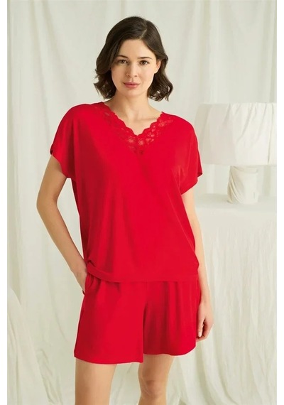 Ang Butik Kadın Kısa Kollu Dantelli V Yaka Şort Pijama Takımı Kırmızı