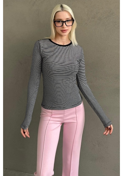Siyah Çizgili Uzun Kollu Kadın Body Mg2657 Siyah